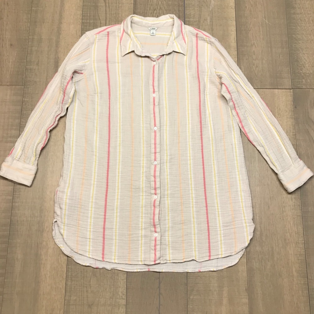 L.L. Bean Shirt Womens Size 1X Beige Pink Striped Button Up Tunic Cotton Gauze